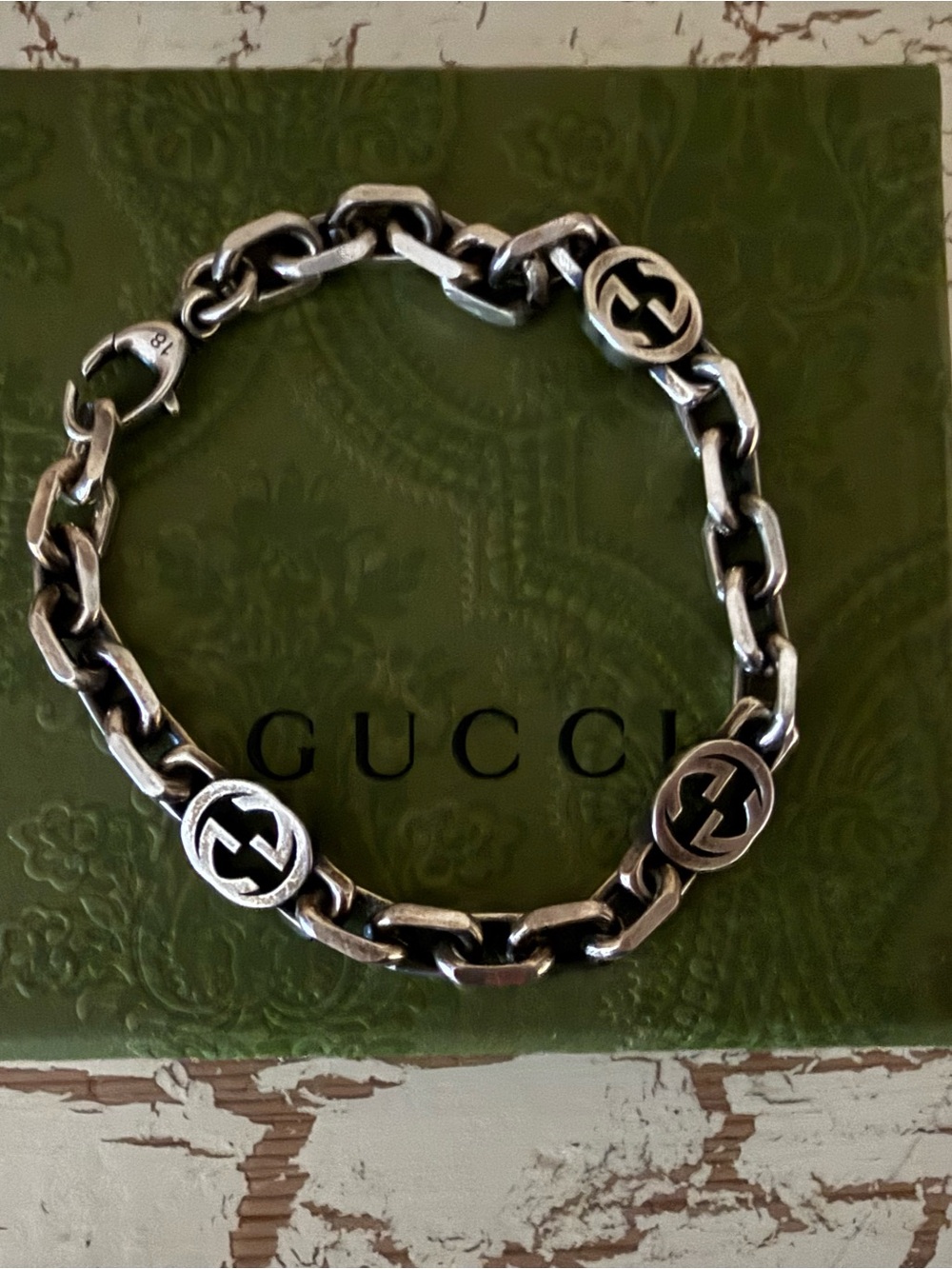 Gucci Interlocking G Sterling Silver Chain Bracelet Size 18